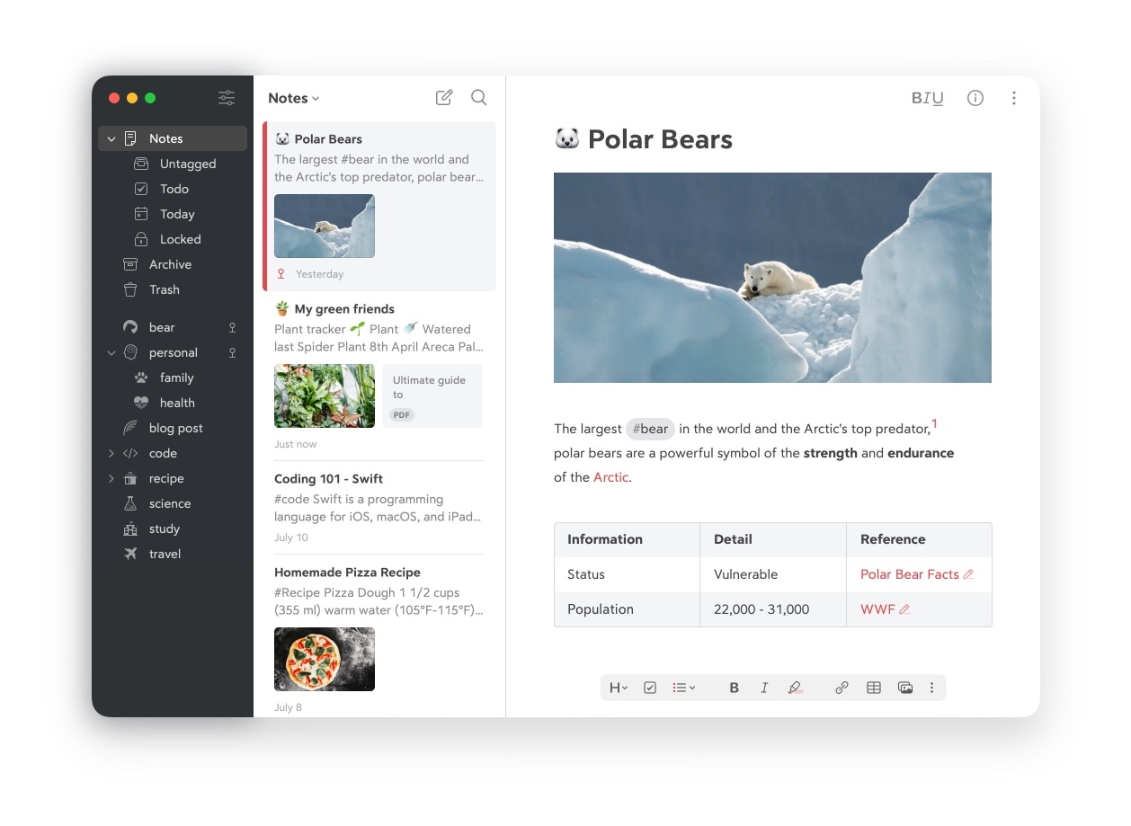 Bear on Mac displaying tags, a note list, and a formatted note with a table
