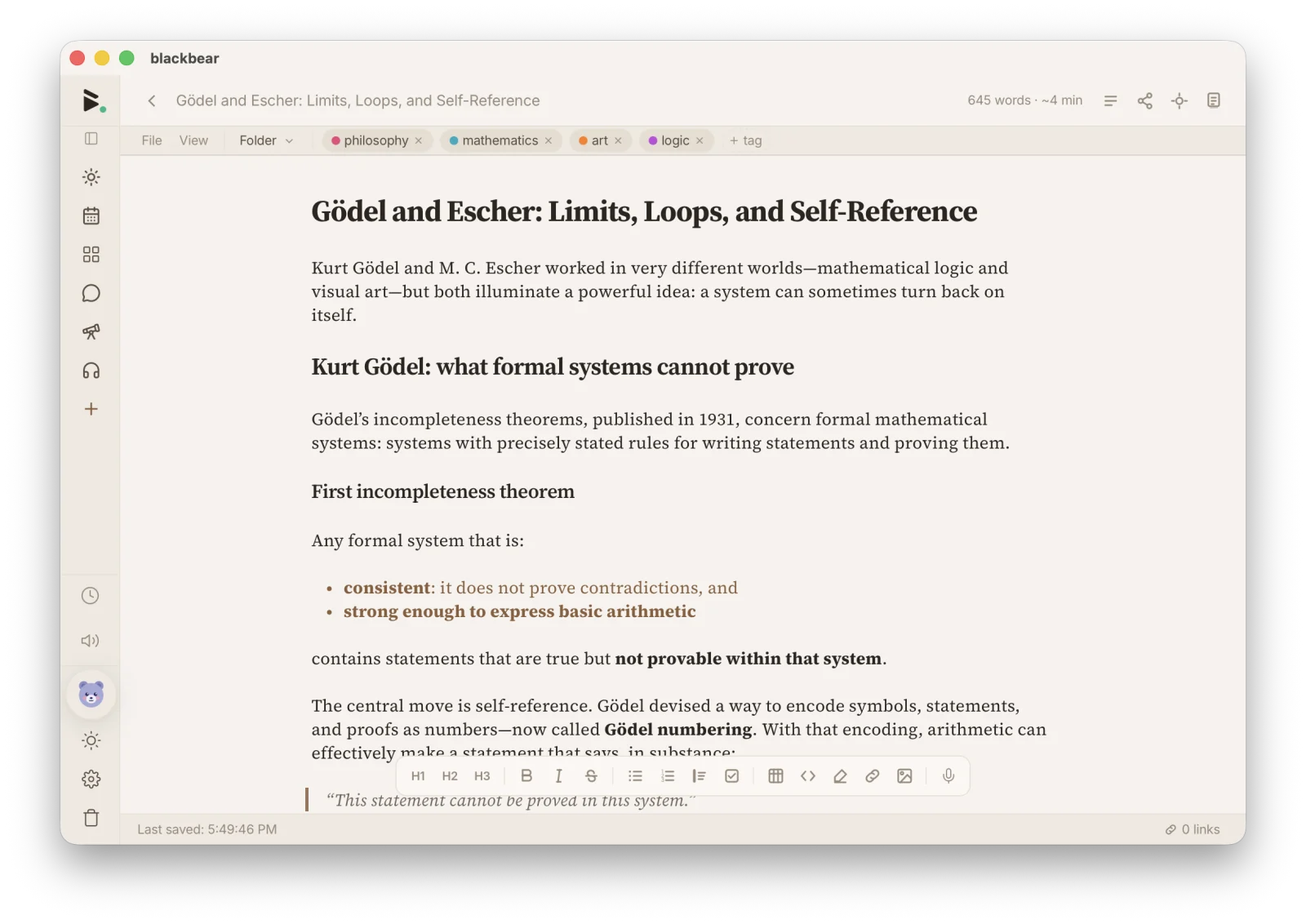 blackbear desktop notes editor showing a formatted Markdown note, tags, and editing toolbar