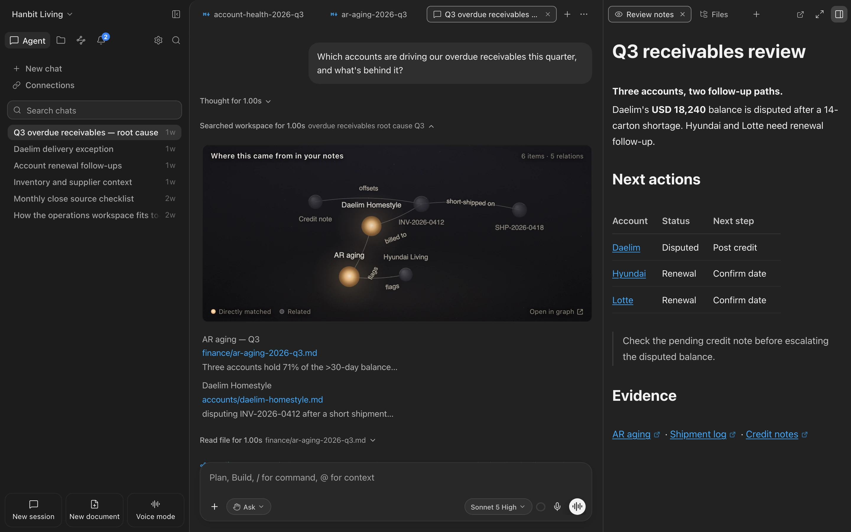 Consilience showing an AI conversation, connected source records, and Markdown review notes
