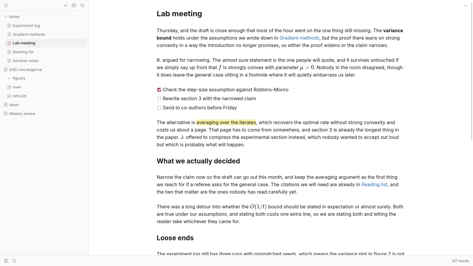 Deft Markdown note with inline formatting, task list, links, and folder navigation