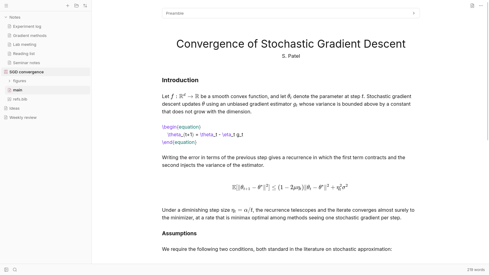 Deft LaTeX paper with inline rendered text and editable equation source