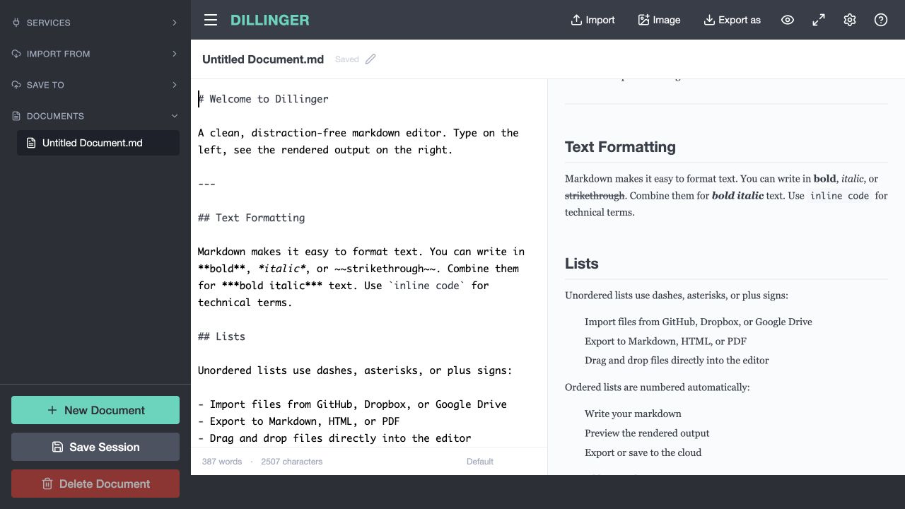 Dillinger browser editor showing sample Markdown beside its formatted preview