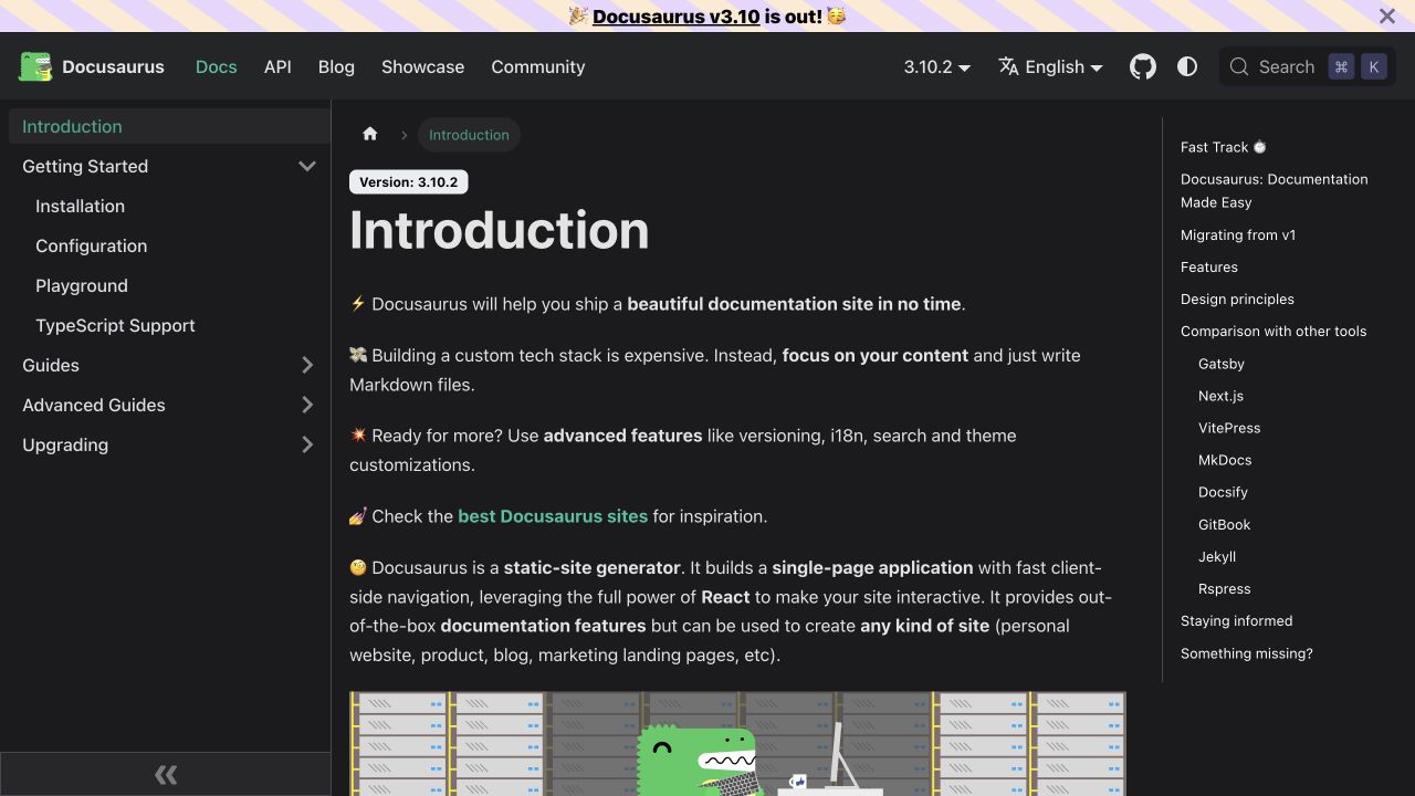 Docusaurus documentation showing version navigation, a sidebar, and rendered content
