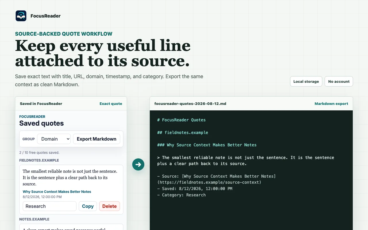 FocusReader saved quotes beside a Markdown export with source links