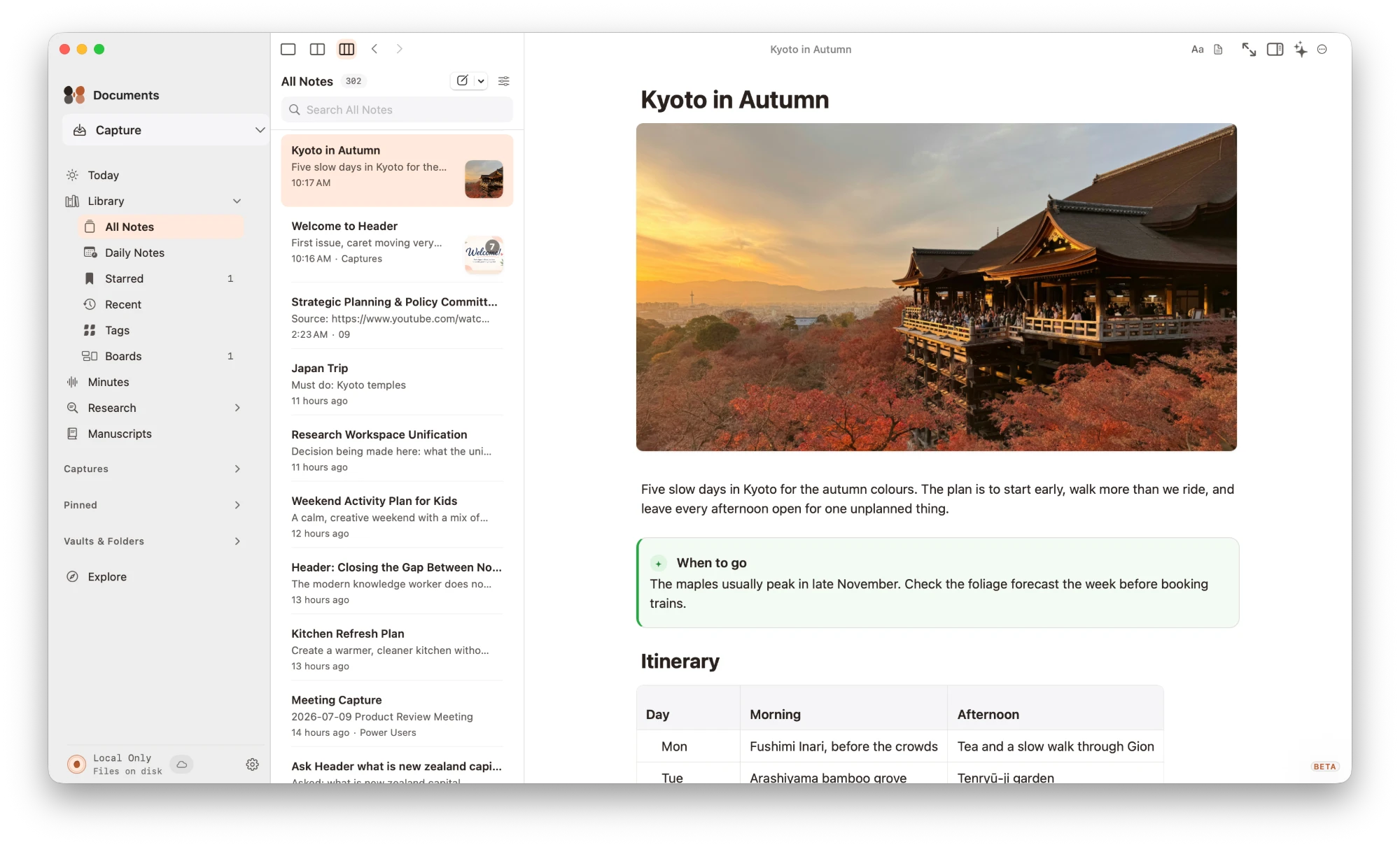 Header's Mac notes library and formatted Kyoto travel note with an image and itinerary table