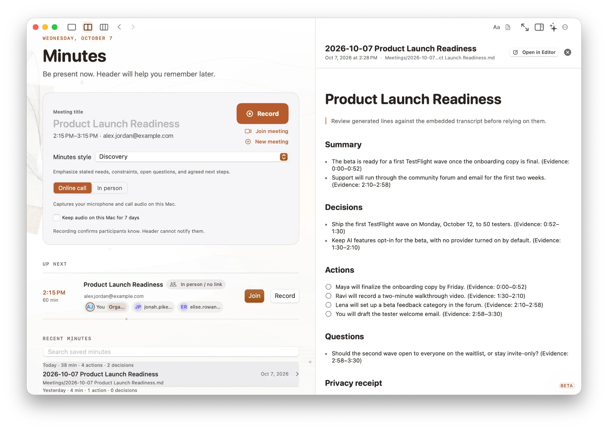 Header meeting recorder beside generated Markdown minutes with decisions and action items