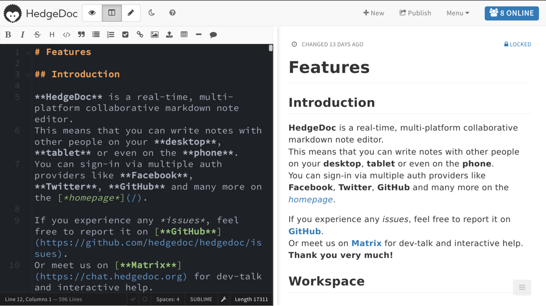 HedgeDoc editor displaying Markdown source beside its rendered preview