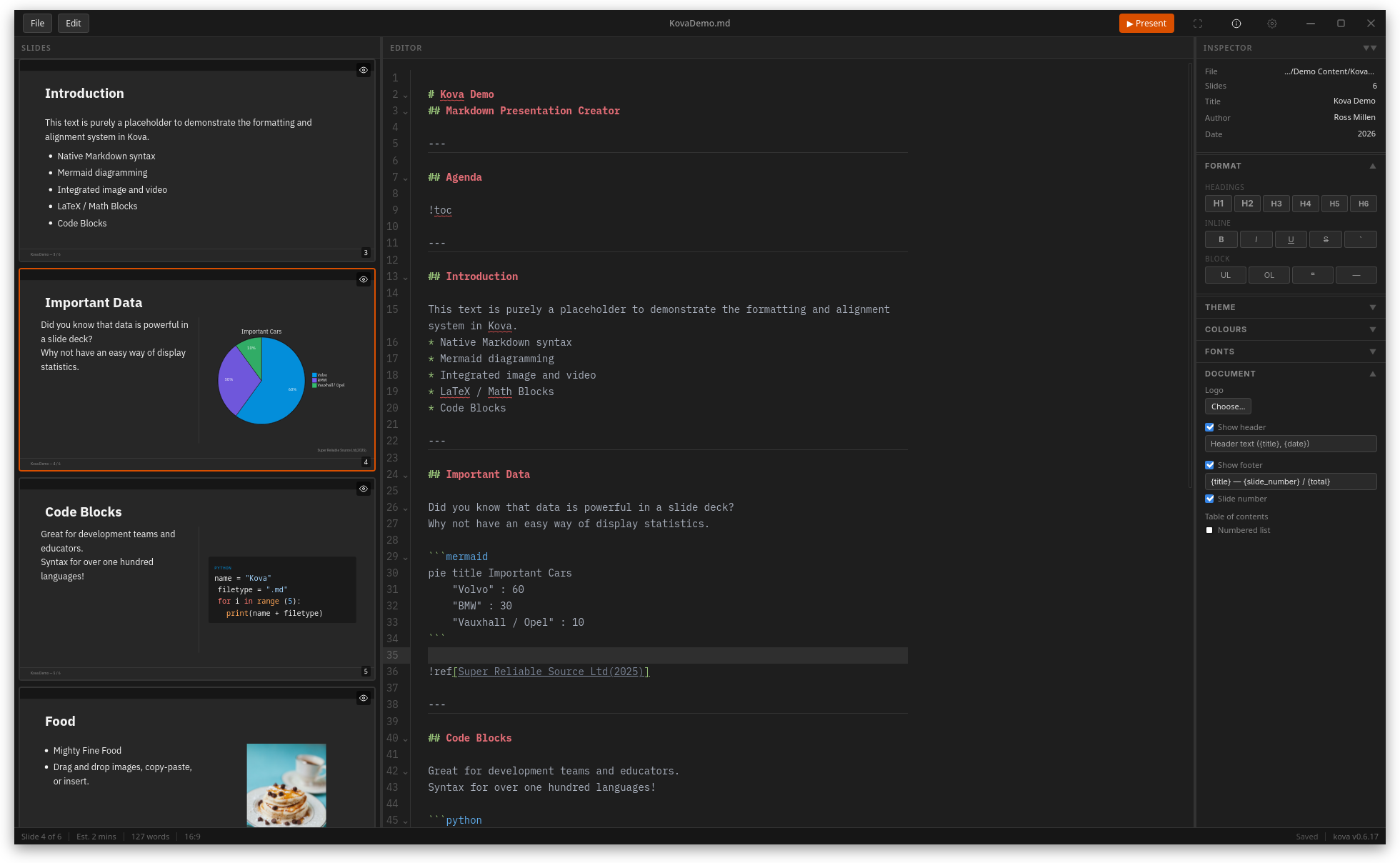 Kova desktop editor with Markdown source, slide previews, and presentation settings