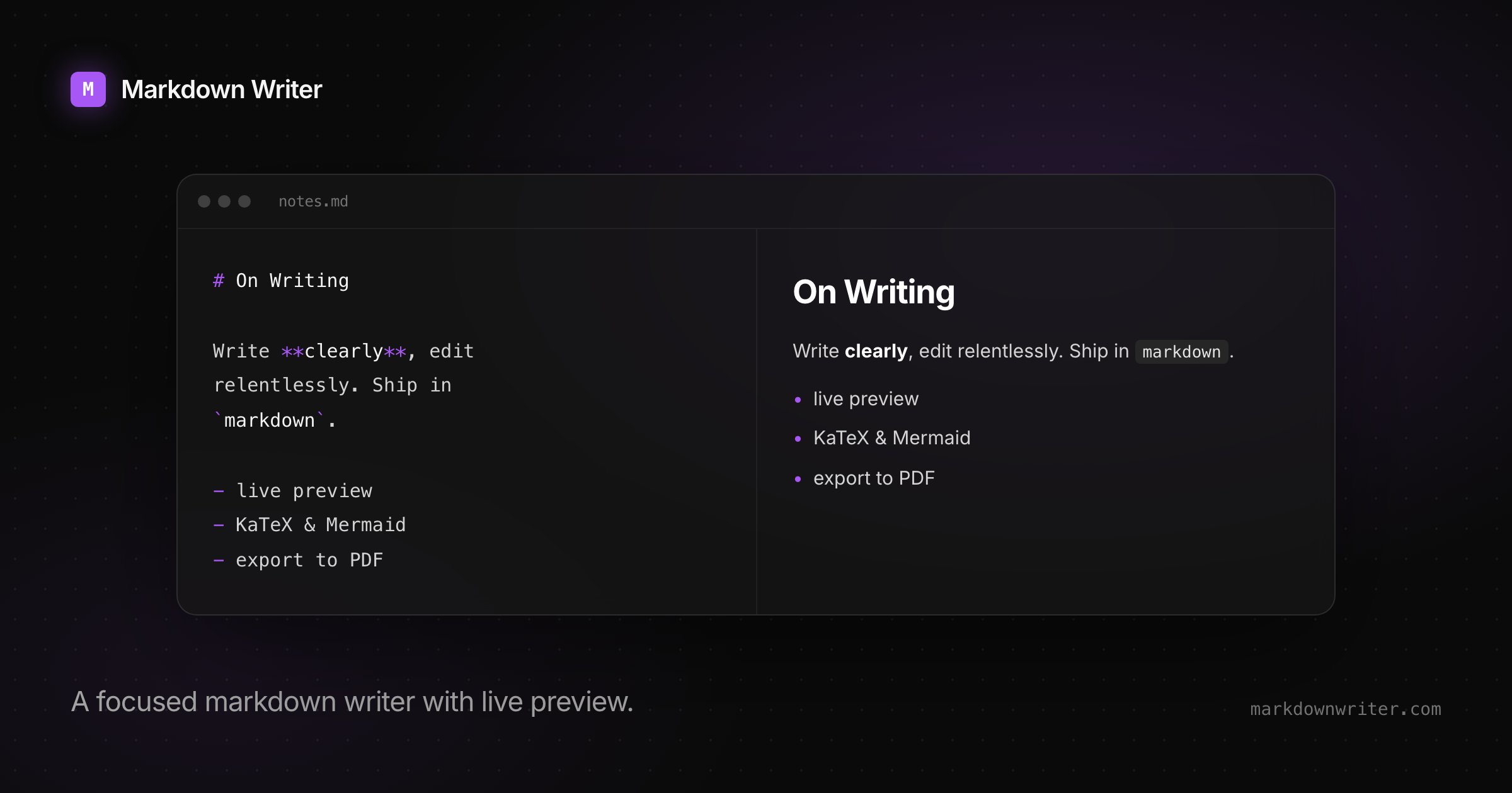 Markdown Writer product illustration showing Markdown source beside its rendered preview