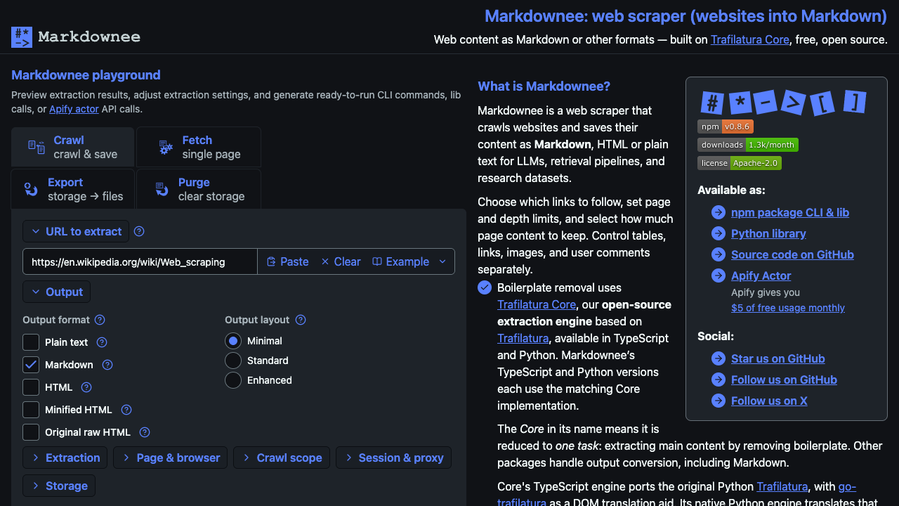 Markdownee playground with URL input, Markdown output settings, extraction controls, and crawl options