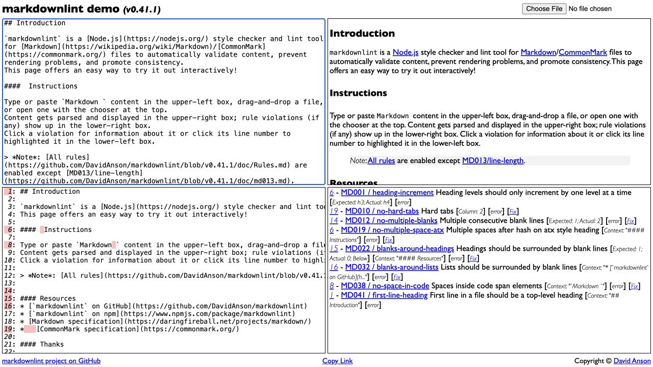 markdownlint browser demo showing Markdown, preview, and rule violations