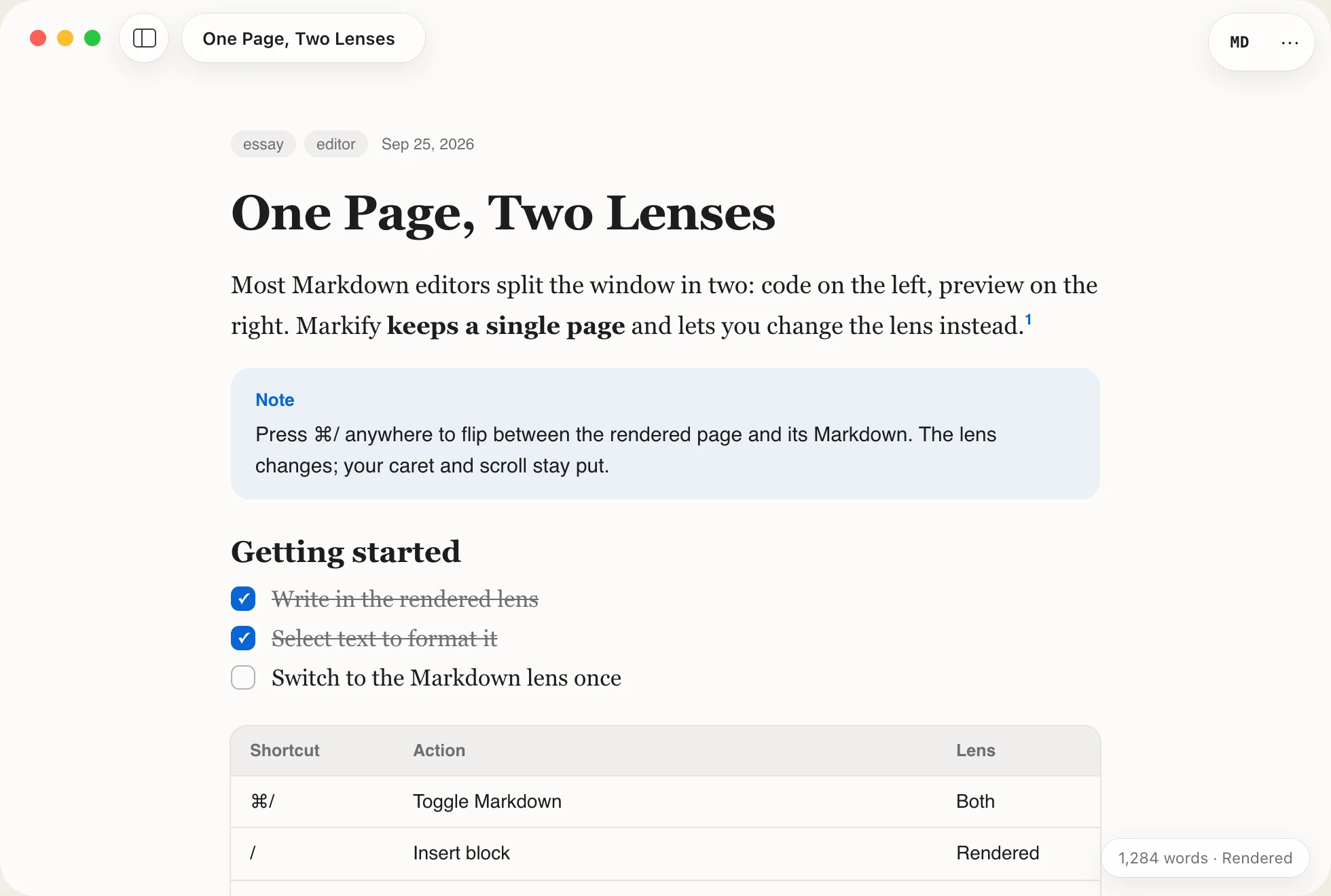 Markify rendered lens displaying a formatted Markdown document with callout, task list, and table