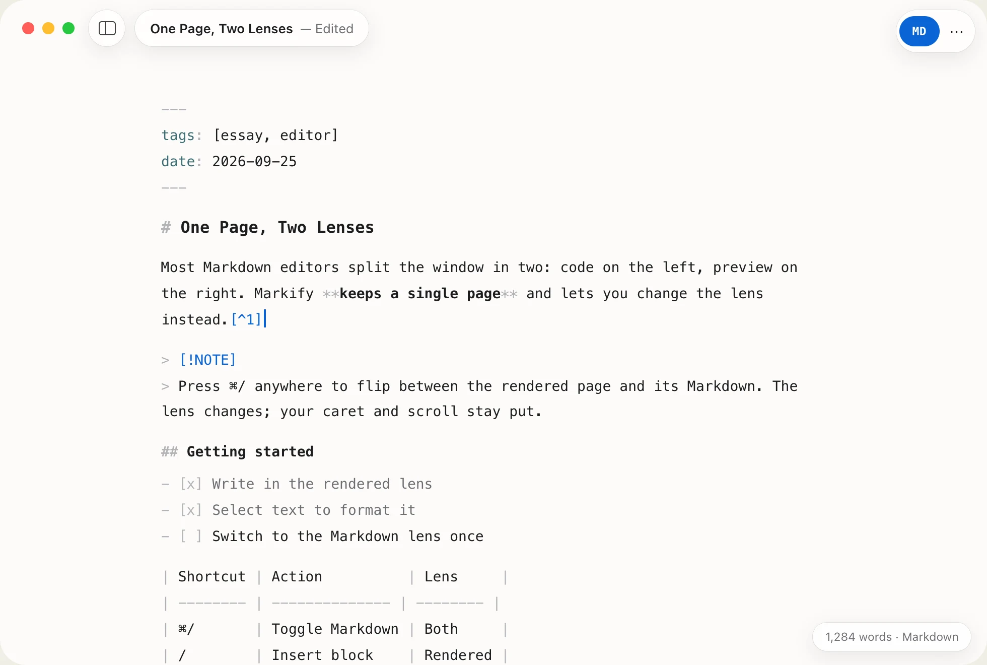 Markify Markdown lens showing the source of the same document with syntax styling