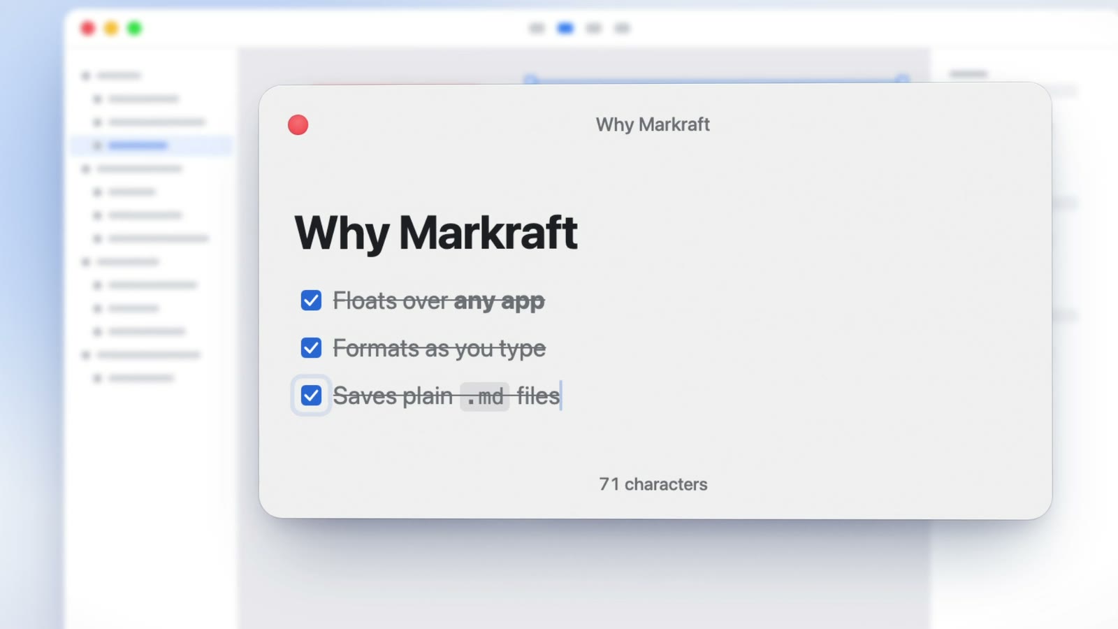 Markraft floating over a macOS app while a Markdown checklist formats itself as it is typed