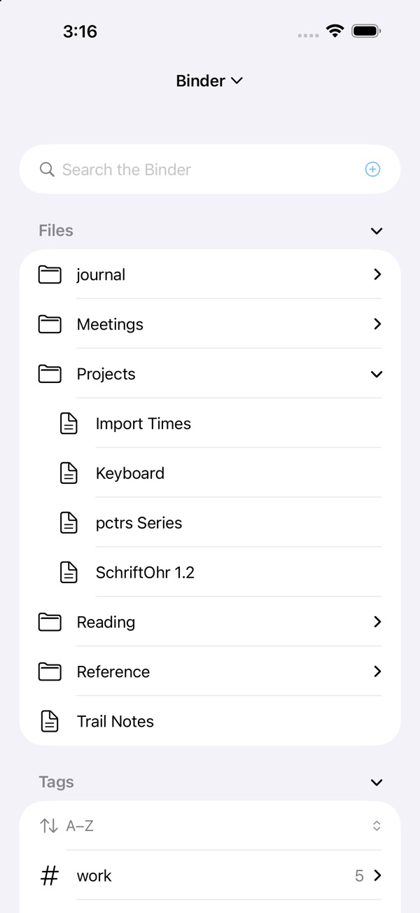 MarkSchrift on iPhone showing the Binder with folders, files, and tags from a Markdown vault