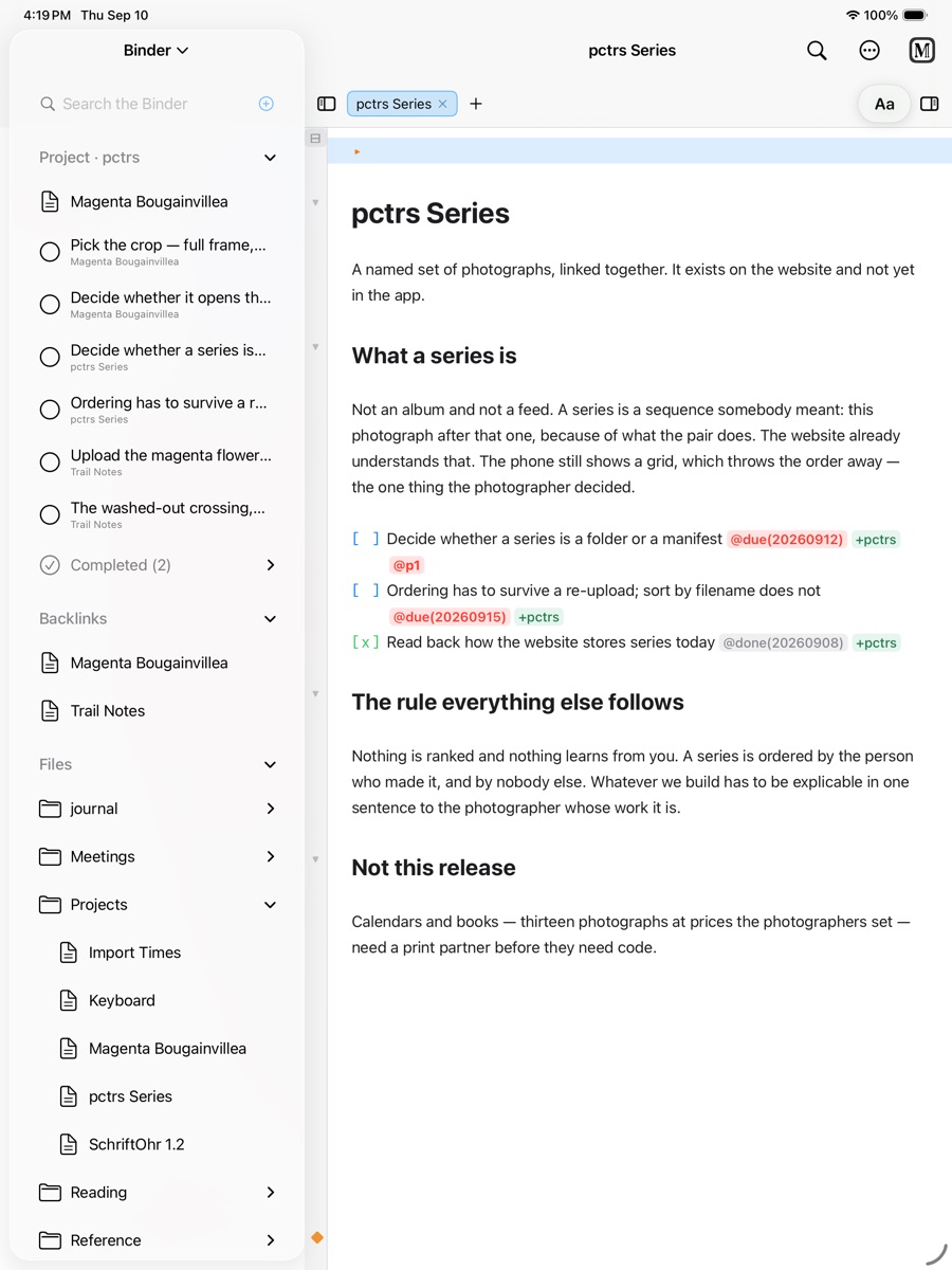 MarkSchrift on iPad editing a Markdown note beside backlinks, tasks, and a linked project