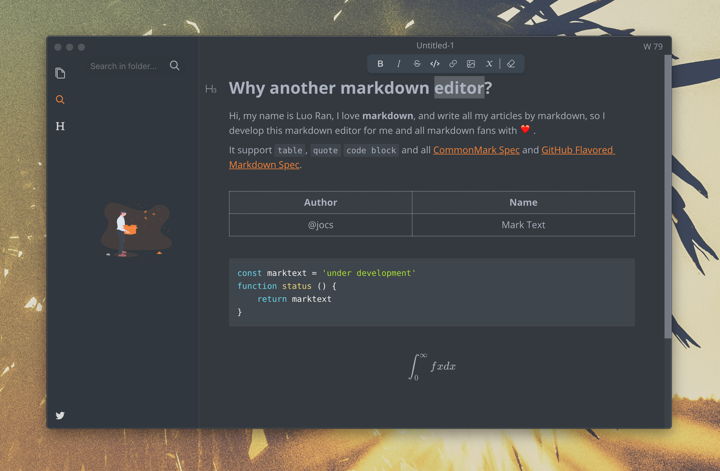 MarkText dark editor showing headings, a table, code, and math