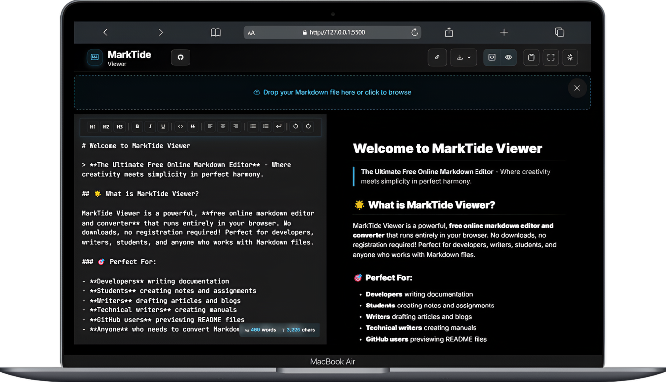 MarkTide source editor and rendered Markdown preview side by side