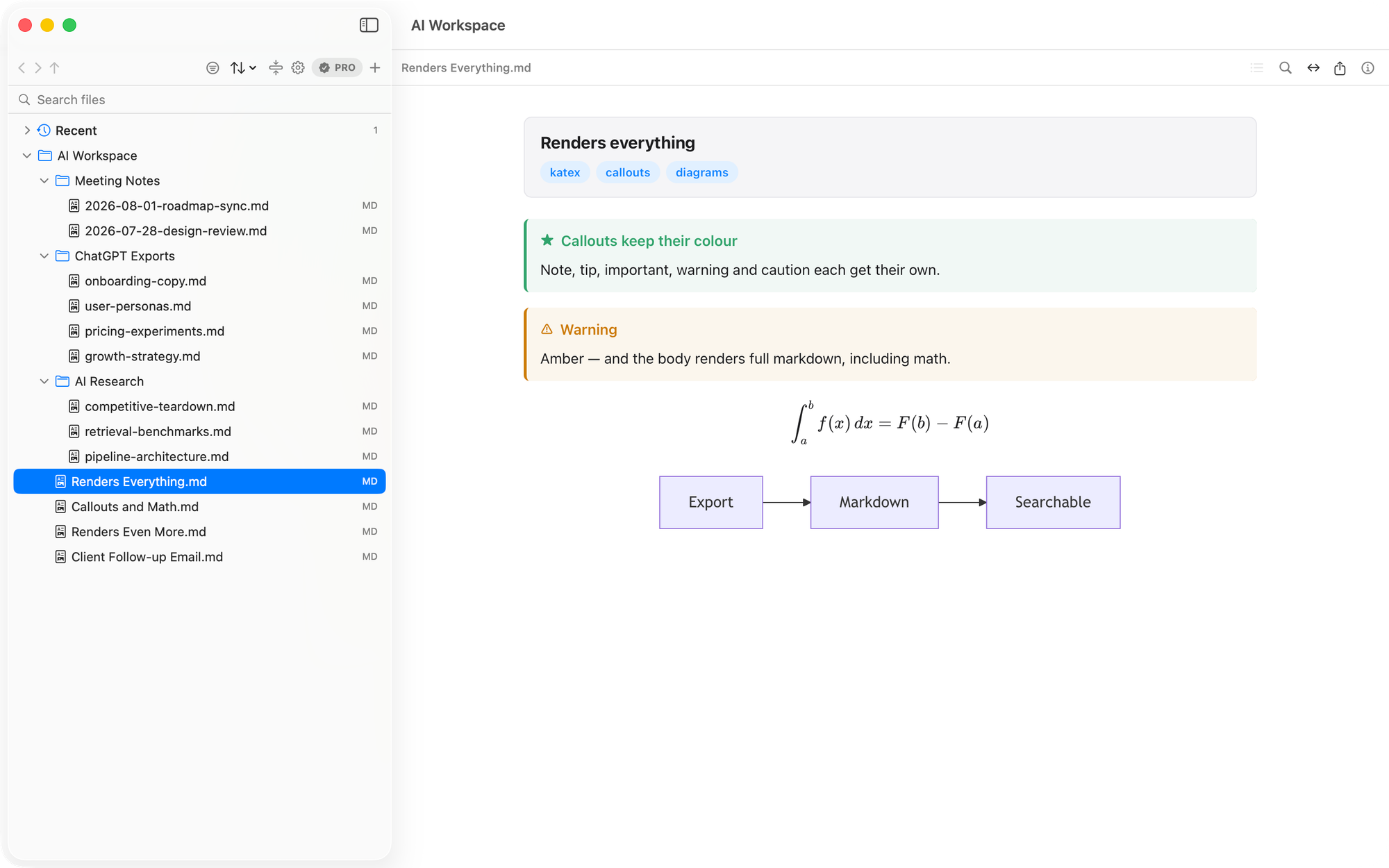MD Flow on macOS showing a Markdown folder tree beside a rendered document with callouts, math, and a Mermaid diagram