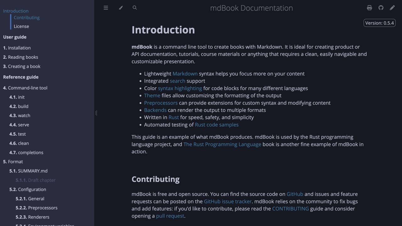 mdBook documentation with a chapter sidebar and rendered introduction