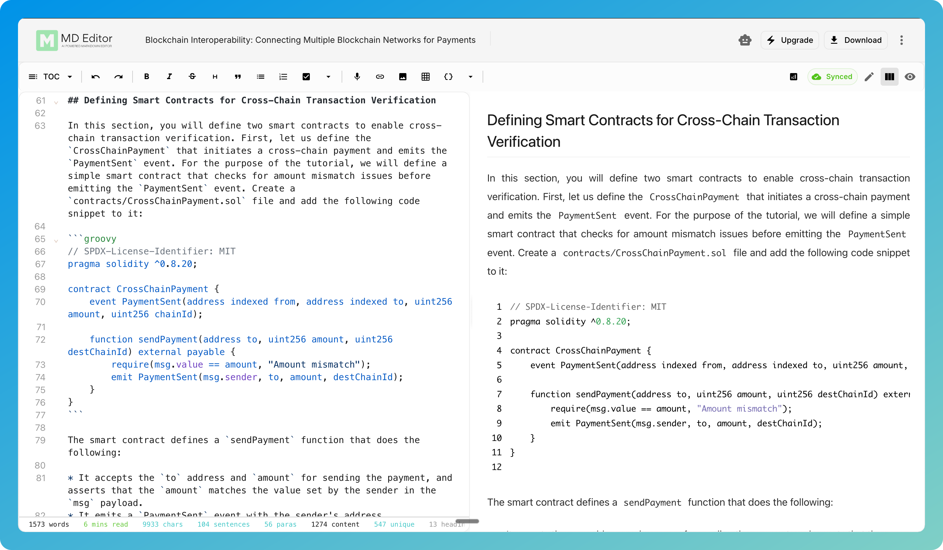 MD Editor showing Markdown source beside a rendered technical document