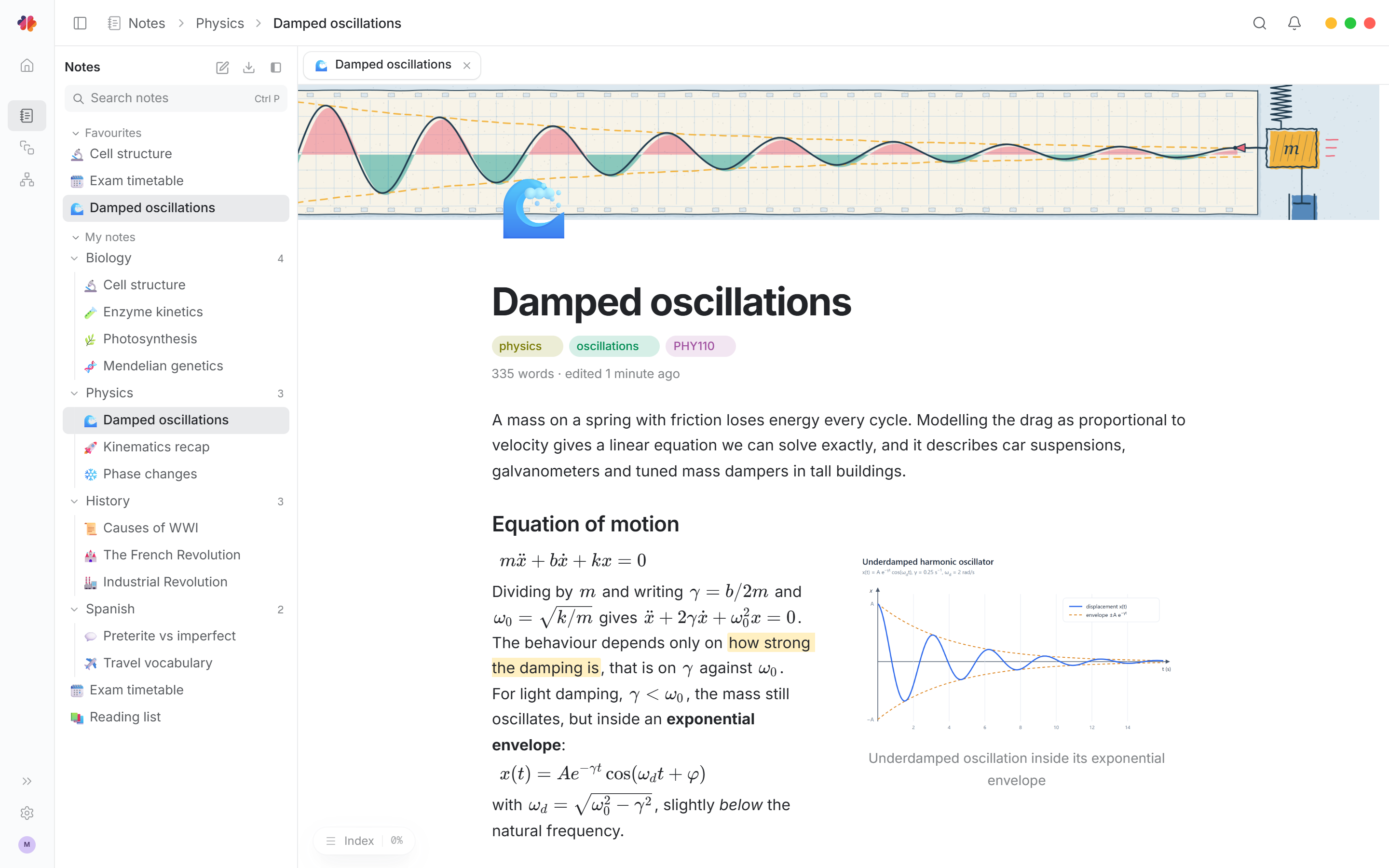 Mnemo’s notes editor showing a physics note with equations, an image, note tabs, and subject folders
