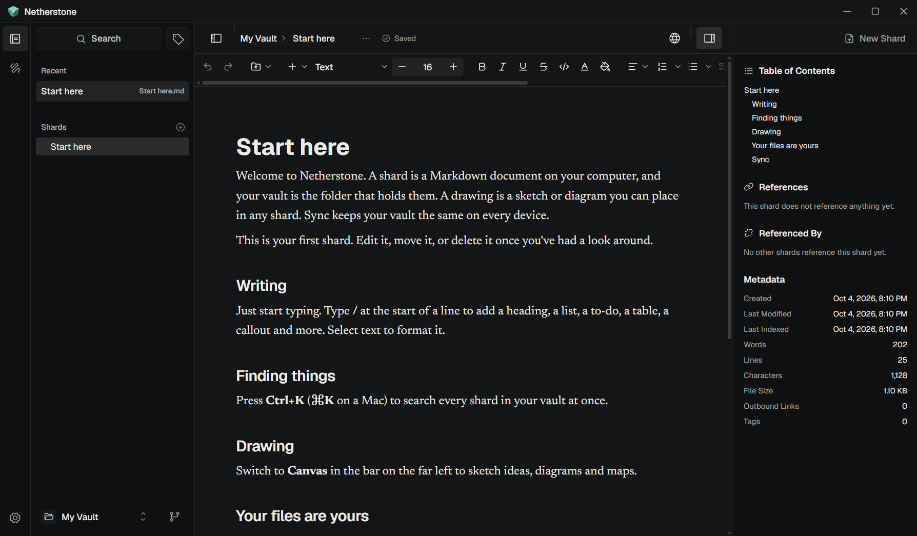 Netherstone desktop Markdown note with editor, vault navigation, and outline