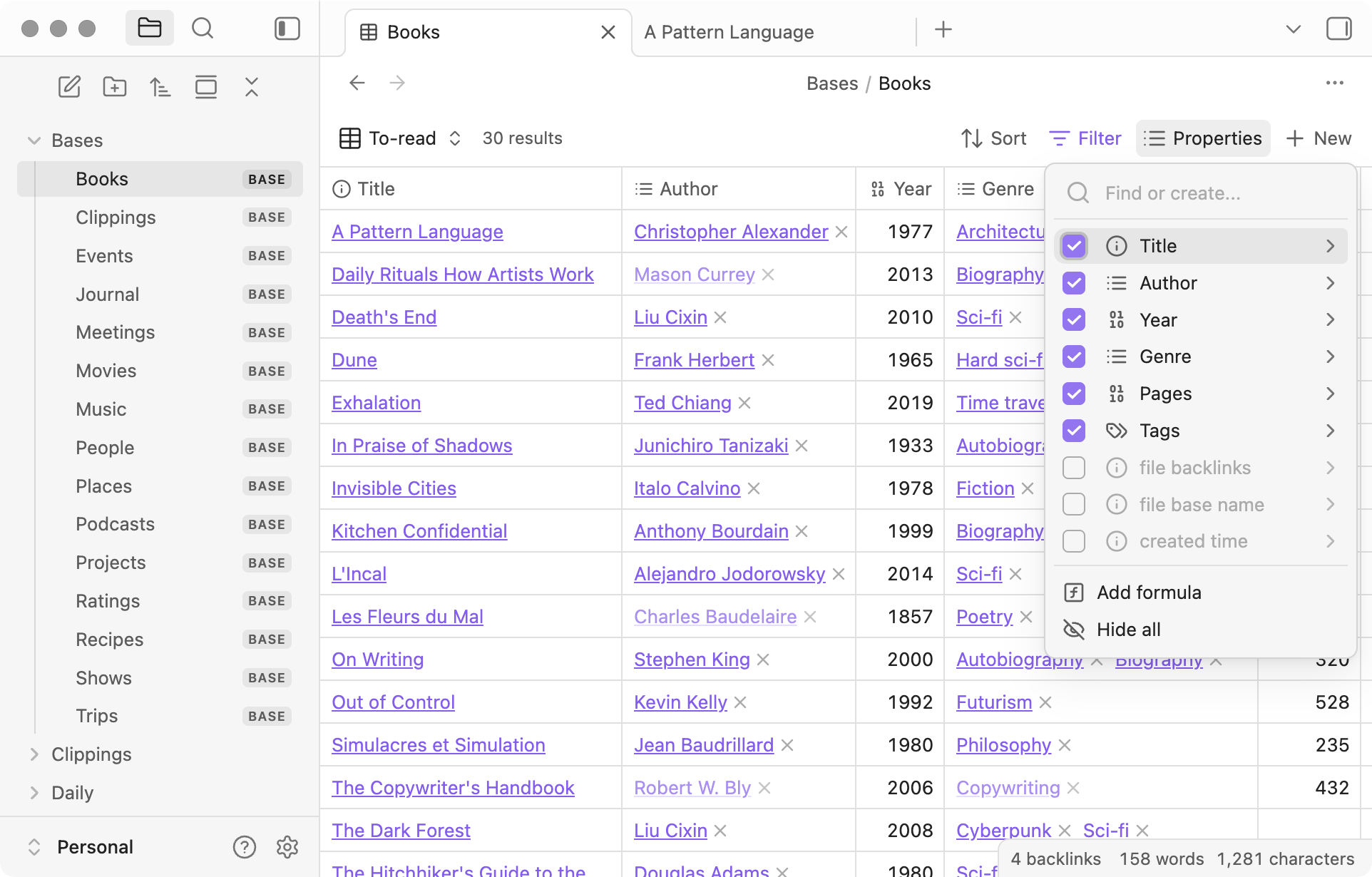 Obsidian Bases showing a book collection with note properties and a file sidebar