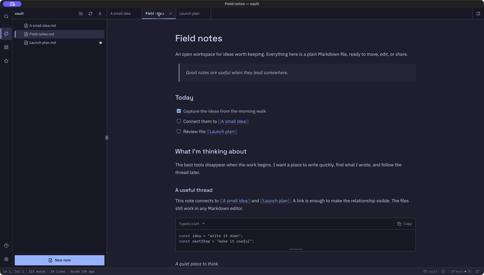 Otterly desktop workspace with local Markdown files, document tabs, checklists, linked notes, and a code block