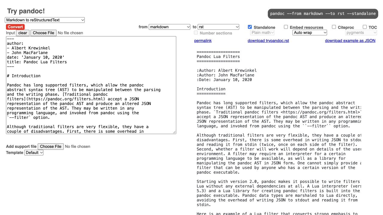 Pandoc browser demo converting Markdown source into reStructuredText