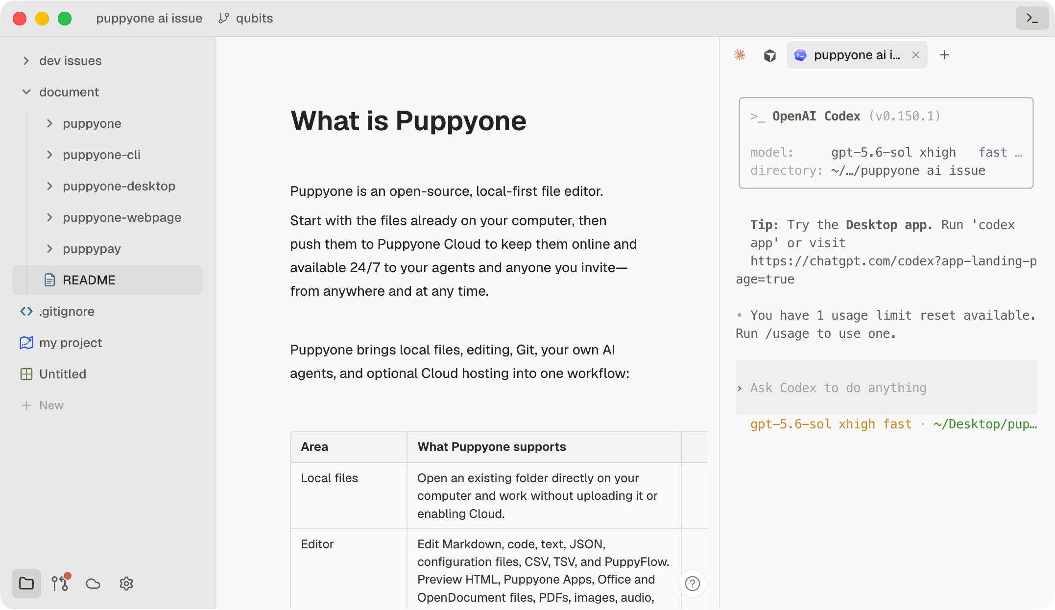 puppyone desktop file tree, Markdown document, and coding agent terminal