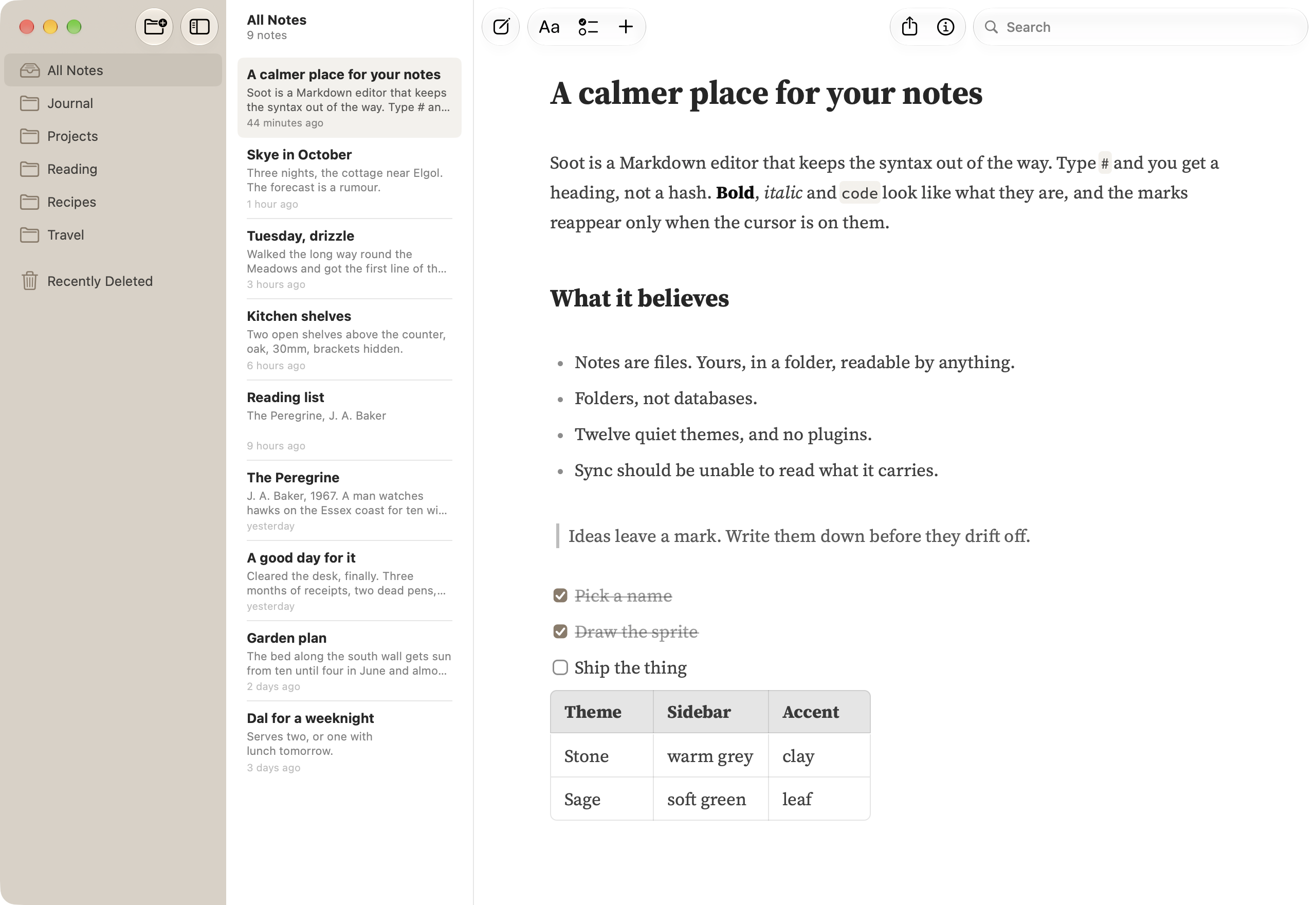 Soot Mac app with folders, a note list, and a formatted Markdown note