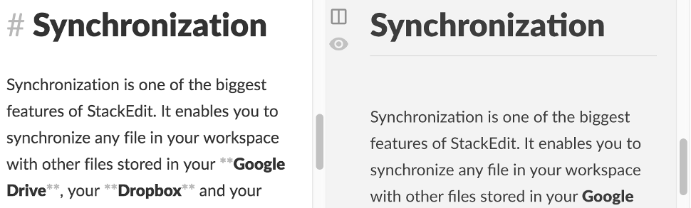 StackEdit animation showing synchronized Markdown source and rendered preview