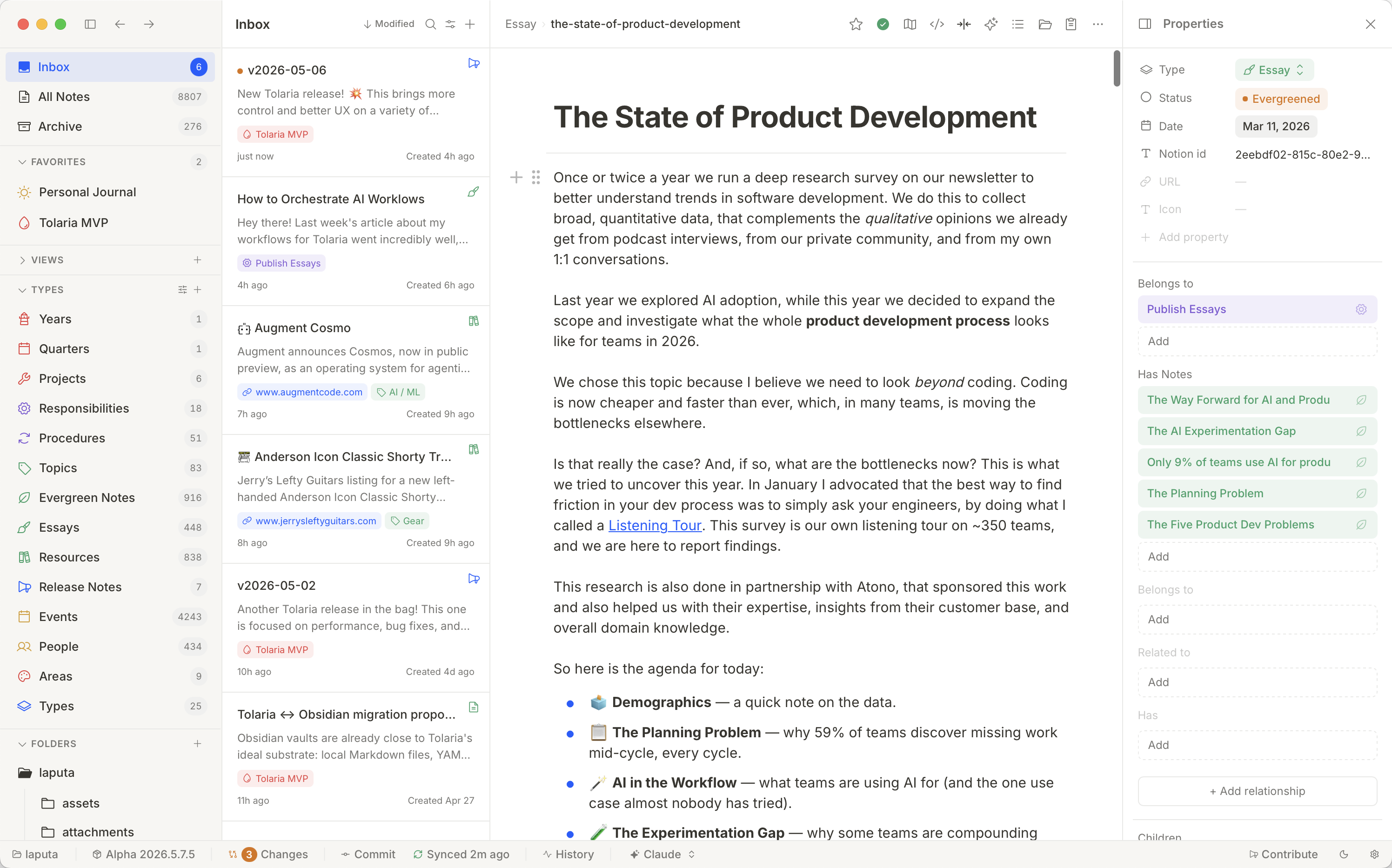 Tolaria desktop app showing a Markdown article, note list, vault sidebar, and structured properties