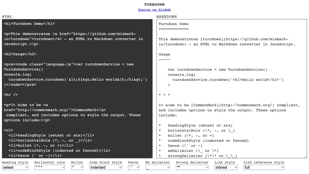 Turndown browser demo showing HTML input and converted Markdown output