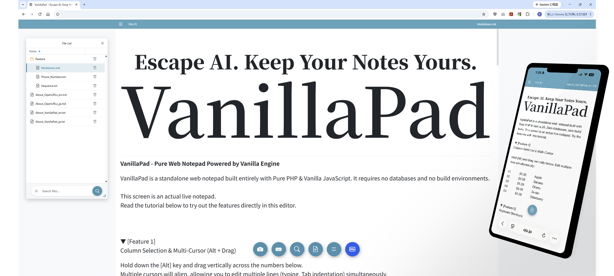 VanillaPad displaying a rendered Markdown document and file manager on desktop, with a mobile preview
