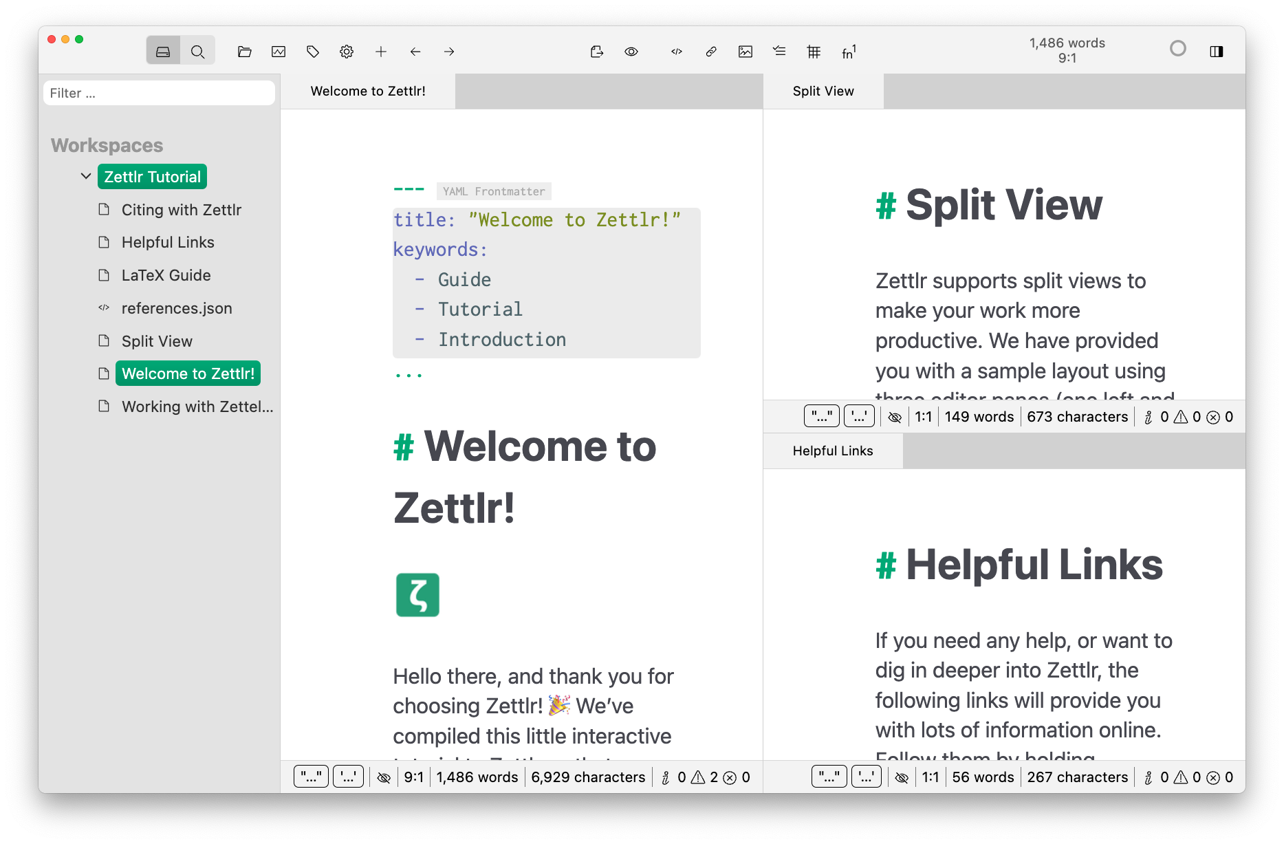 Zettlr desktop workspace with a folder tree and multiple document panes